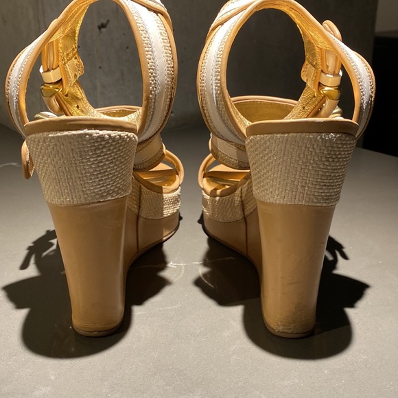 Coach Gold & White Woven Wedge Heels - Picture 4 of 11